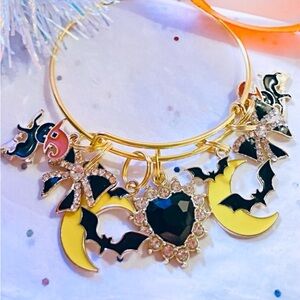 Halloween Theme Spooky Gold Bracelet with Rhinestone Charms Adjustable
